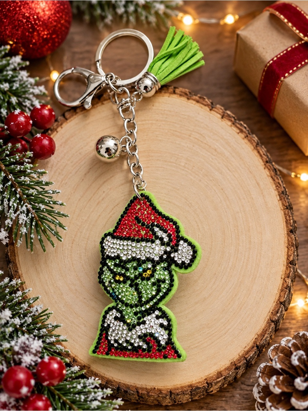 Green Grinch Holiday Rhinestone Keychain with Tassel